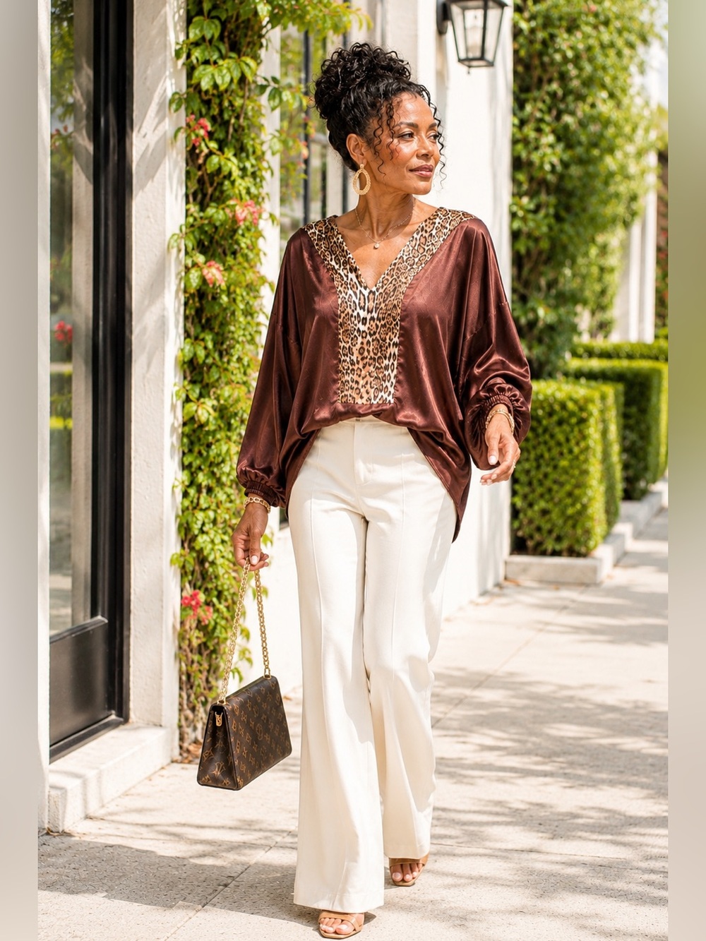 New York & Company Brown Satin Tunic with Leopard-Print V Inset